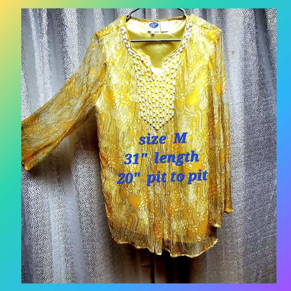 Honeysuckle Yellow Paisley Blouse White Beaded Neckline - Picture 5 of 12
